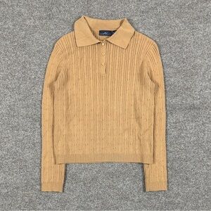 Y2K Camel Brown Long Sleeve Ribbed Knit Collared Polo Sweater Women’s S Preppy